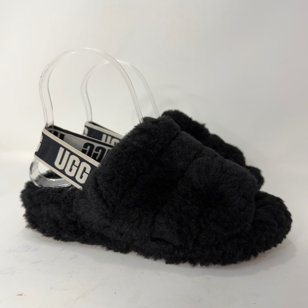 UGG Fluff Yeah Slide Black Sheepskin Platform Slipper Sandal 1095119 Womens 6